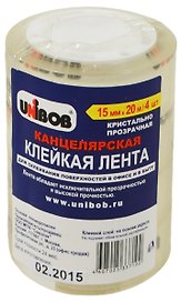 Лента клейкая кристально-прозрачная, 15 мм х 20 м, Unibob, 4 штуки