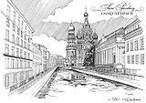 Открытка с видами (СПб) ЧБ Канал Грибоедова. Храм Воскресения Христова(Спас-на-Крови) рисунок [SPB-148]