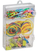 Набор канцелярский: скрепки 25мм 70шт цветные виниловые, резинки ассорти 15гр, зажимы 15мм 16шт цветные