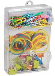 Набор канцелярский: скрепки 25мм 70шт цветные виниловые, резинки ассорти 15гр, зажимы 15мм 16шт цветные