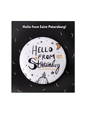 Значок круглый сувенирный Hello from St. Petersburg, белый d=3,8см
