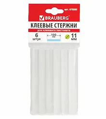 Клеевые стержни "Brauberg" прозрачные, 6 шт., диаметр 11мм, длина 100мм