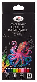 Карандаши цветные 12цв "Классические" черн. дерево, заточ., к/к, подвес, Гамма