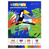 Бумага цветная 12цв 60л А4 "ТУКАН" двухсторонняя, немелованная, 80г/м2, склейка, инд.подвес