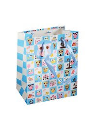 Пакет подарочный бумажный А5 18*23*10 "Совы. Owls", голубые квадраты, мат. ламинат, Хансибэг