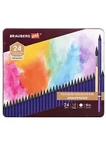 Карандаши художественные цветные акварельные BRAUBERG ART PREMIERE, 24 цв, грифель 4мм металл 181534