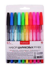 Набор шариковых ручек 10 цветов 0,7 мм, Hatber
