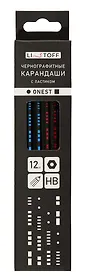 Карандаши чернографитные с ластиком 12 штук, "Onest" НВ, шестигранные, заточенные, Listoff