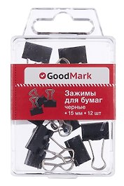 Зажимы для бумаг 15 мм 12 штук, черные, GoodMark