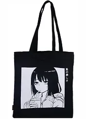 Сумка-шоппер Аниме Девушка с напитком (Сёдзё), черная (текстиль) (40х32)