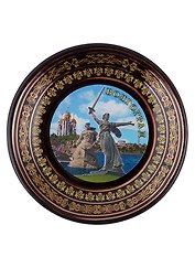 Магнит-тарелка Волгоград Родина-Мать-Панорама-Коллаж (фарф D7 цв. Черный)