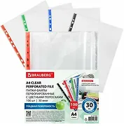 Папка-вкладыш А4 100шт/уп 30мкм, гладкая, с цветным корешком, ассорти, Brauberg
