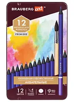Карандаши художественные цветные акварельные BRAUBERG ART PREMIERE, 12 цв, грифель 4мм металл 181533