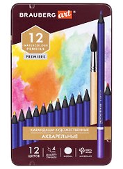 Карандаши художественные цветные акварельные BRAUBERG ART PREMIERE, 12 цв, грифель 4мм металл 181533