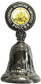 Колокольчик металлический 3-вида. рельефная вставка-фигурная (цвет серебро) "Великий Новгород. Софийский собор (вид прямо)" цвет черный жемчуг