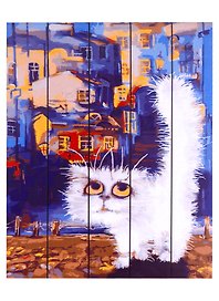 Рисование по дереву. Котик на крыше дома