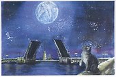 Открытка 10*15 СПб коты Дворцовый мост, О/008/001 - 0