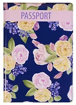Обложка для паспорта Пионы на синем фоне (ПВХ бокс)