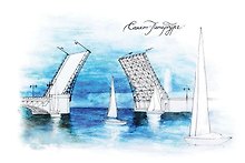 Открытка 10*15см тушь СПб Дворцовый мост