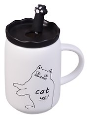 Кружка с крышкой и ложкой-лапкой Cat (керамика) (350мл)