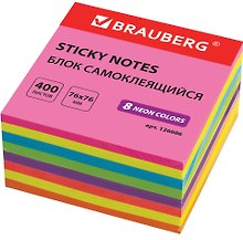 Блок бумаги 76*76мм самоклеящийся 400л 8цв неон, BRAUBERG
