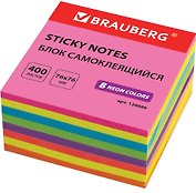 Блок бумаги 76*76мм самоклеящийся 400л 8цв неон, BRAUBERG