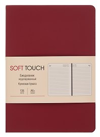 Ежедневник недат. А6+ 136л "SOFT TOUCH" ягодный, интегр.переплет, иск.кожа, тонир.блок, скругл.углы, запечат.торец, ляссе, инд.уп
