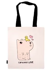 Сумка-шоппер Капибара с птичкой (бежевая) (текстиль) (40х32)