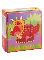 Умные кубики  в поддончике. 9 штук. Весёлые динозаврики