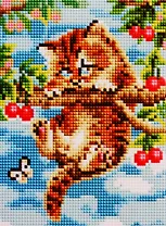 Алмазная мозаика ТМ Рыжий Кот (класс.) 17х22см (20цв) Котенок на ветке, с подрамником, с полным заполнением AC17028