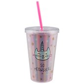 Стакан пластиковый с трубочкой Кошка-единорог голография (500 мл) (12-06646-20174) - 0
