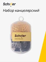Набор канцелярский: резинки 4г 15 штук, зажимы черные 19 мм 4 штуки, скрепки золотые 33 мм 60 штук, Schiller