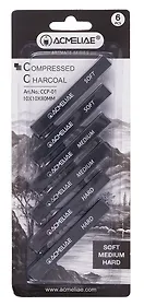 Уголь прессованный 06шт 80мм, квадр.сечения, 02шт твердый, 02шт средний, 02шт мягкий, блистер, ACMELIAE