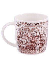 Кружка фарфоровая "Псков - Печоры - Изборск" коричневый рисунок