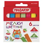 Мелки цветные 06цв квадратные, к/к, европодвес, Пифагор