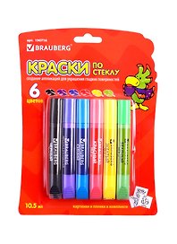 Краски по стеклу (витражные) BRAUBERG 6цв. по 105мл.+1пленка +4шаблона блистер 190716