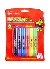 Краски по стеклу (витражные) BRAUBERG 6цв. по 105мл.+1пленка +4шаблона блистер 190716