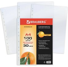 Папка-вкладыш А4 100шт перфорированные, матовые, 30мкм, BRAUBERG