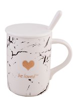 Кружка с крышкой и ложкой Мрамор Be loved (золото) (керамика) (380 мл) (ym6099-1)