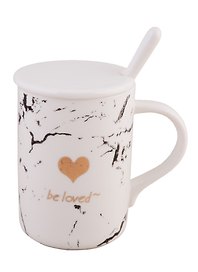 Кружка с крышкой и ложкой Мрамор Be loved (золото) (керамика) (380 мл) (ym6099-1)