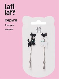 Сережки Котята черо-белые с бантиком и цепочкой (2 штуки) (металл), Lafilaf