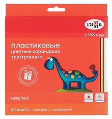 Карандаши цветные 24цв.+ золотой + серебряный "Мультики" пласт., трехгранные, заточен, к/к, подвес, Гамма