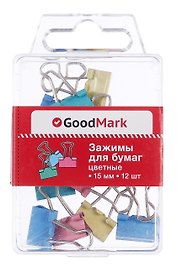 Зажимы для бумаг GoodMark, 15 мм, 12 штук, цветные