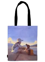 Сумка-шоппер Аниме Девушка с кошкой у реки (Седзё) (цветная) (текстиль) (40х32)