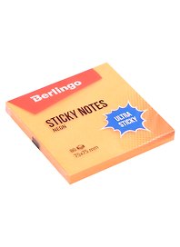 Блок бумаги 75*75 самоклеящийся оранжевый неон 80 листов, "Ultra Sticky", Berlingo