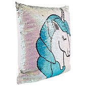 Подушка с пайетками Единорог с голубой гривой на белом фоне (40×40) (текстиль) (12-11403-XCT-2 - 1