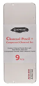 Уголь прессованный 06шт + карандаши угольные 03шт черные, мет.кор., ACMELIAE