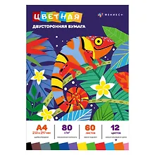 Цветная бумага «Хамелеон» 12 цветов 60 листов А4, немелованная двухсторонняя, склейка, Феникс+