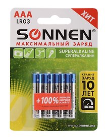 Комплект батареек 4 штуки, SONNEN «Super Alkaline», AAA (LR03, 24А), алкалиновые, мизинчиковые