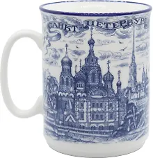Сувенир АКМ Кружка "Коллаж Виды СПб" фарфор.(под гжель) h=10см, d=8см в асс., 350мл  индивидуальная коробка  060-93